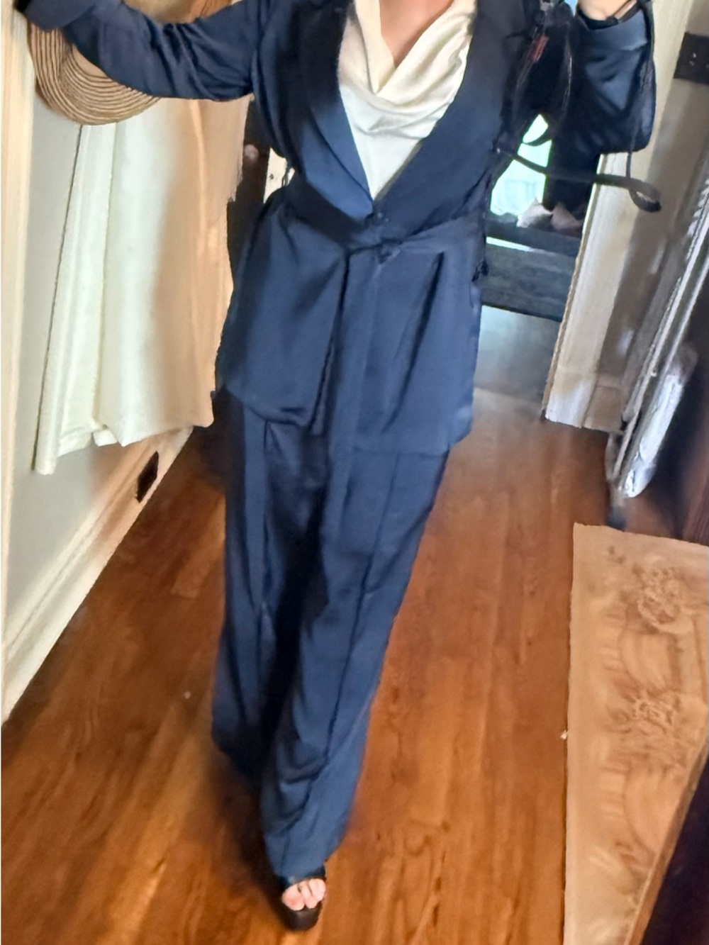 Scotch & Soda Navy Satin Wide-Leg Jumpsuit with Draped Neck